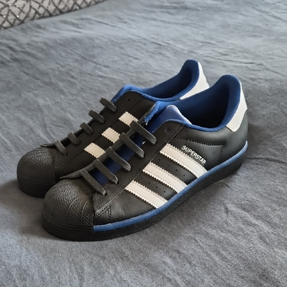 Adidas Superstar Black with Blue Trim Sneakers